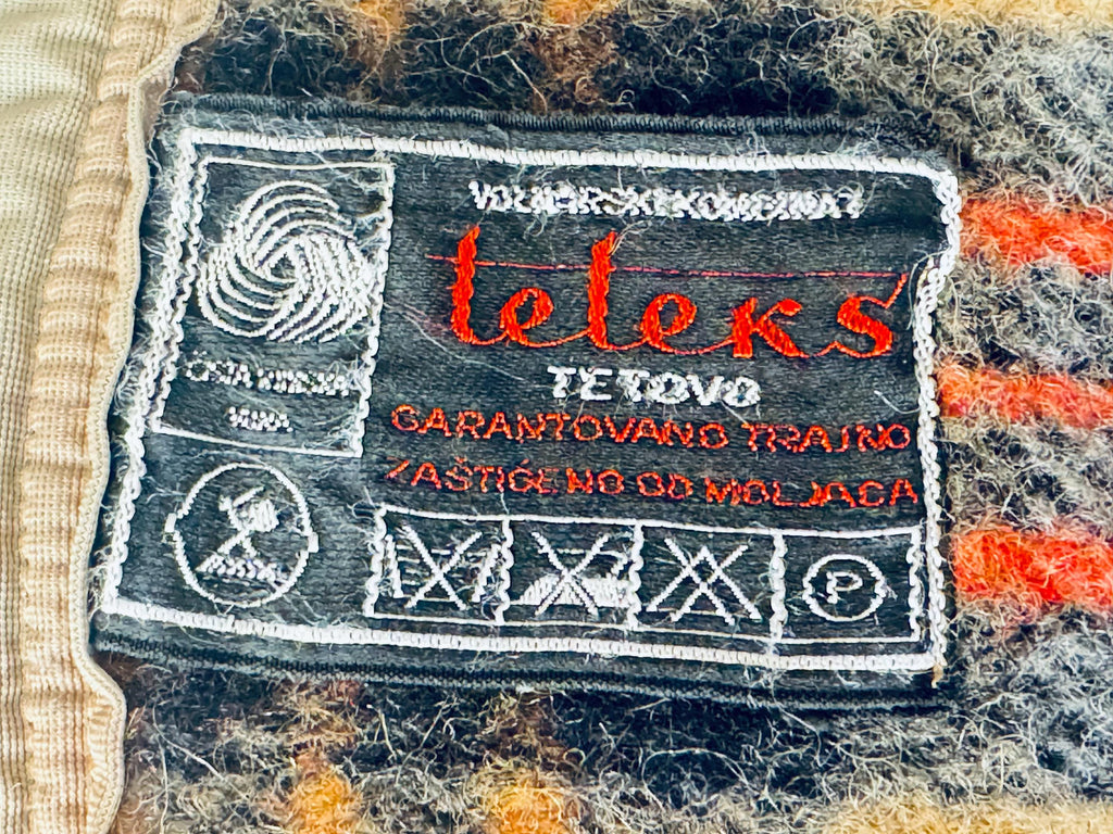 Vintage 1980s 'Teleks' Wool-Blend Checked Blanket Tan & Black Cozy Throw - 52 × 62 - Made In Former Yugoslavia