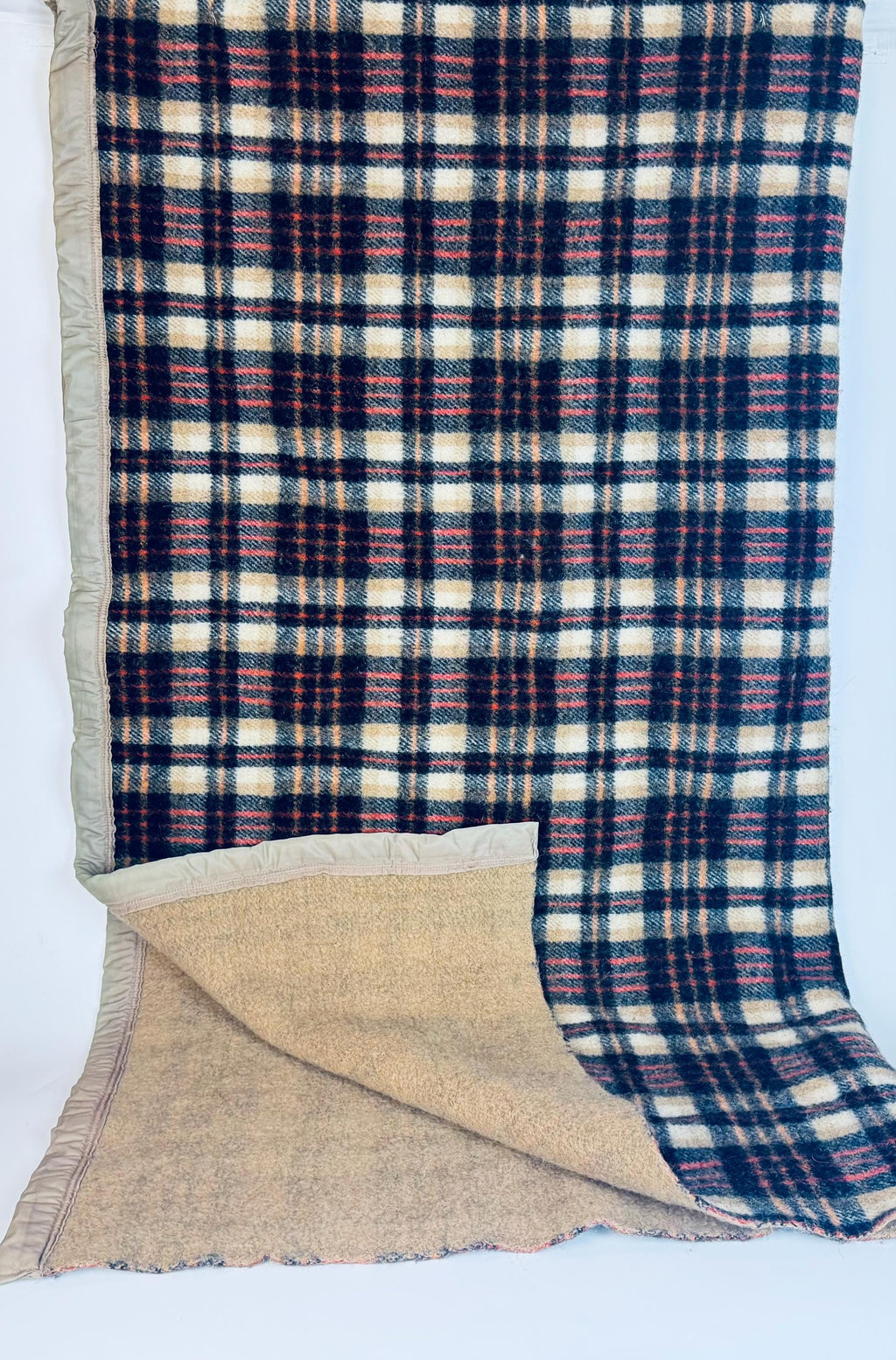 Vintage 1980s 'Teleks' Wool-Blend Checked Blanket Tan & Black Cozy Throw - 52 × 62 - Made In Former Yugoslavia