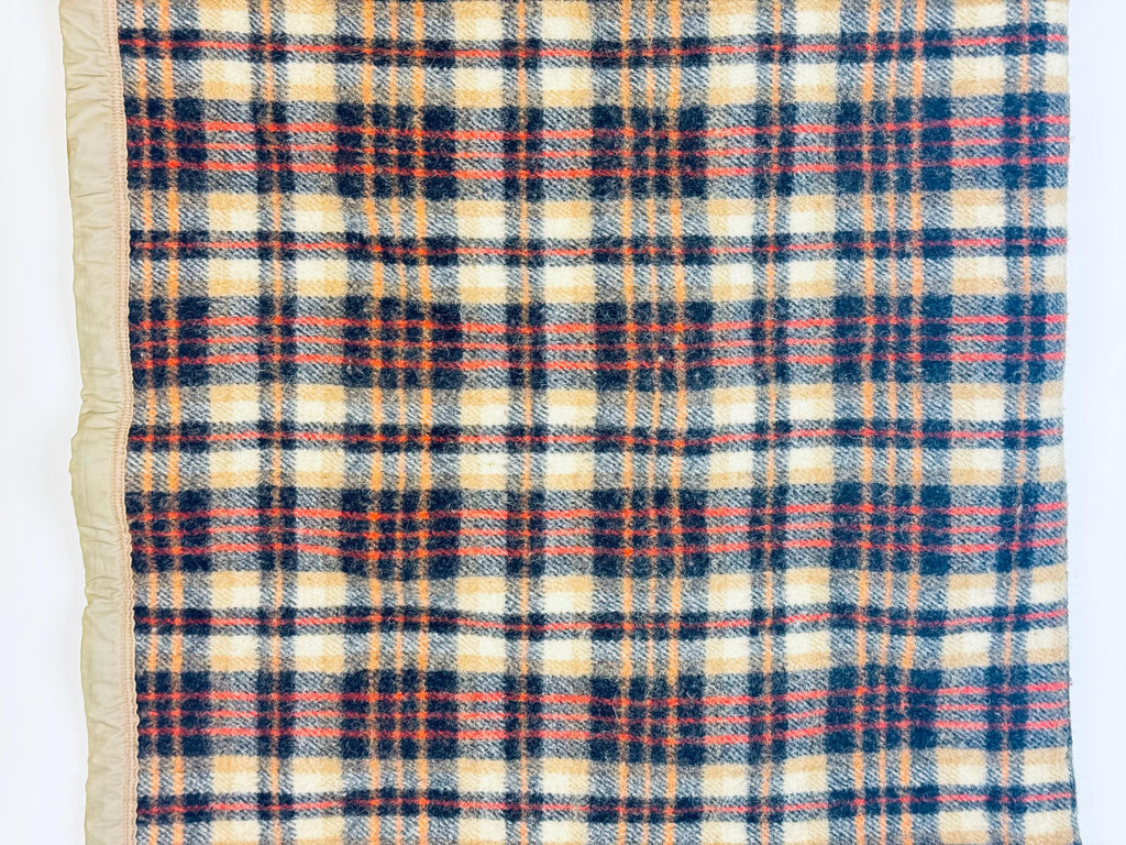Vintage 1980s 'Teleks' Wool-Blend Checked Blanket Tan & Black Cozy Throw - 52 × 62 - Made In Former Yugoslavia
