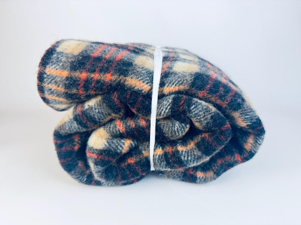 Vintage 1980s 'Teleks' Wool-Blend Checked Blanket Tan & Black Cozy Throw - 52 × 62 - Made In Former Yugoslavia