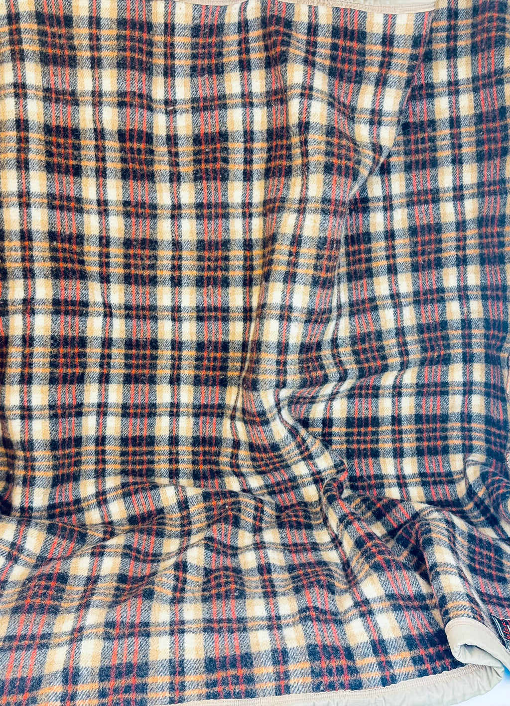 Vintage 1980s 'Teleks' Wool-Blend Checked Blanket Tan & Black Cozy Throw - 52 × 62 - Made In Former Yugoslavia