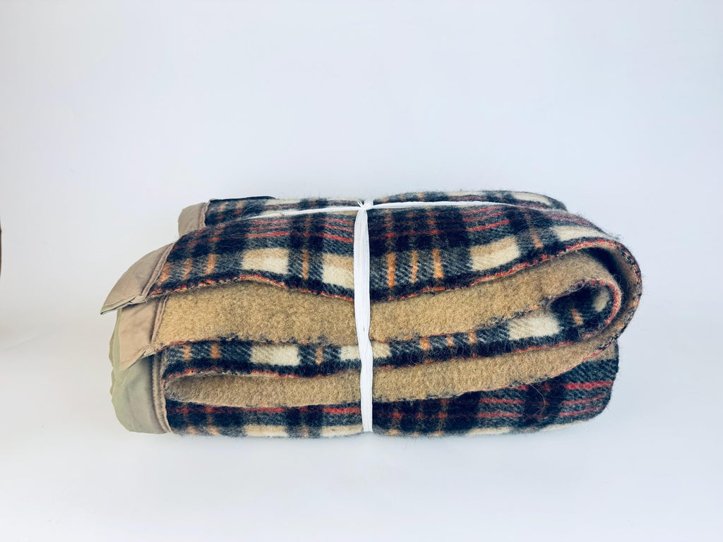 Vintage 1980s 'Teleks' Wool-Blend Checked Blanket Tan & Black Cozy Throw - 52 × 62 - Made In Former Yugoslavia