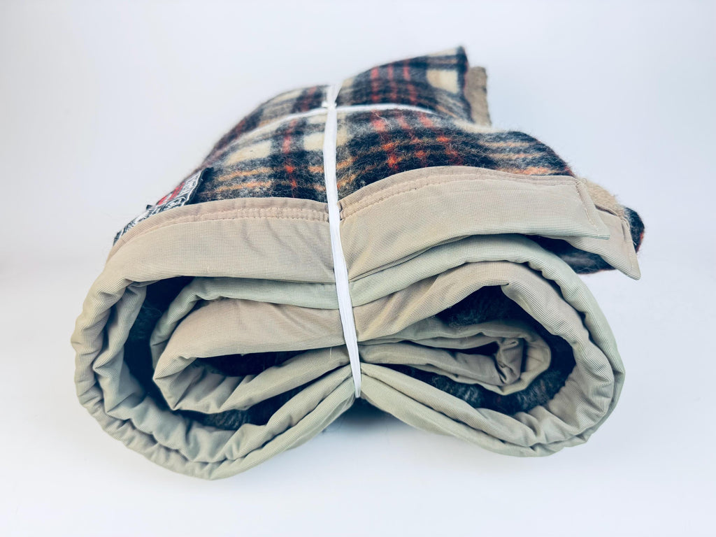 Vintage 1980s 'Teleks' Wool-Blend Checked Blanket Tan & Black Cozy Throw - 52 × 62 - Made In Former Yugoslavia