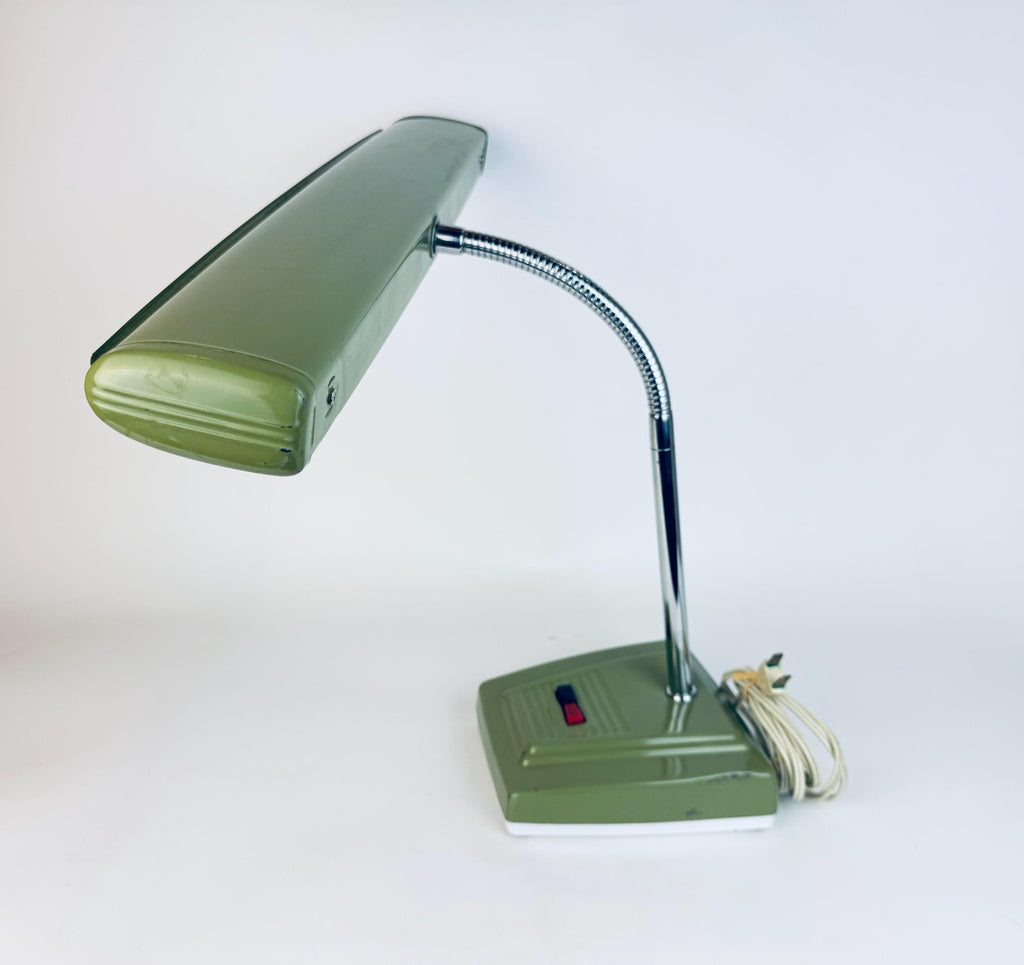 Vintage 1970s Japanese Olive Green Metal Gooseneck Desk Lamp  Made In Japan  Fluorescent Task Light