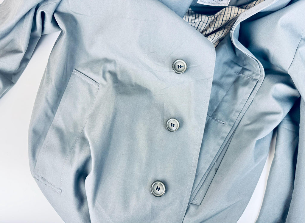 Vintage 1970s London Fog Blue-Grey Cotton Blend Fly-Front Raincoat  Made in Canada  Classic Plaid Lined Trench Coat