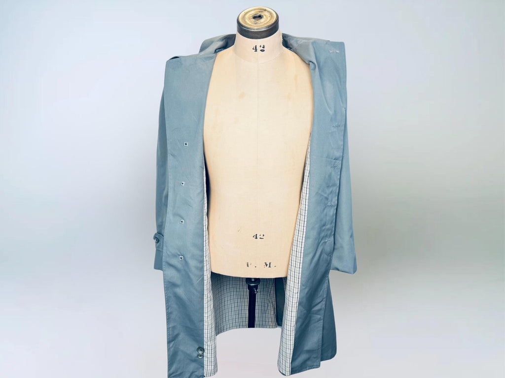 Vintage 1970s London Fog Blue-Grey Cotton Blend Fly-Front Raincoat  Made in Canada  Classic Plaid Lined Trench Coat