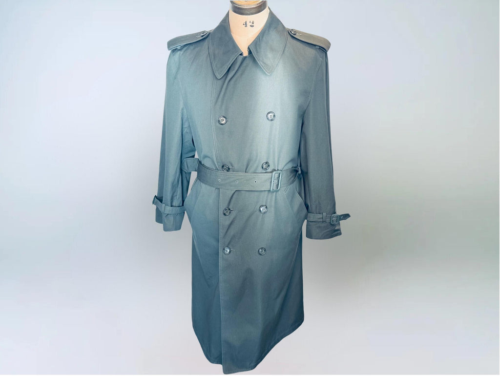 Vintage 1980s London Fog “Sutton Slate Green Military-Style Cotton Blend Belted Trench Coat  Made in Canada  Water Repellent Raincoat