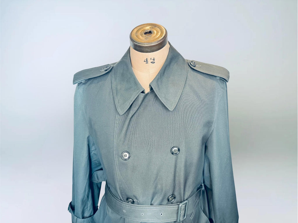 Vintage 1980s London Fog “Sutton Slate Green Military-Style Cotton Blend Belted Trench Coat  Made in Canada  Water Repellent Raincoat