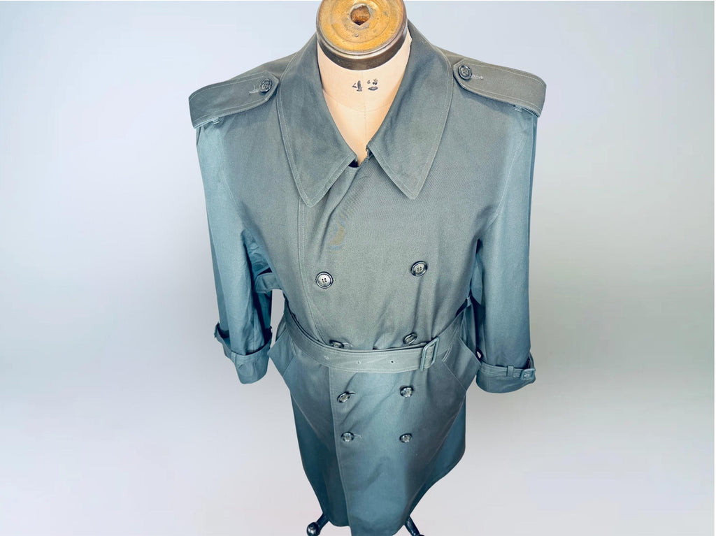 Vintage 1980s London Fog “Sutton Slate Green Military-Style Cotton Blend Belted Trench Coat  Made in Canada  Water Repellent Raincoat