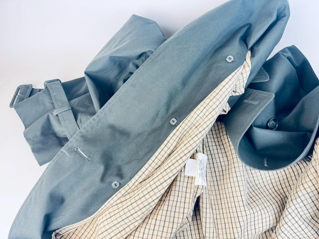 Vintage 1980s London Fog “Sutton Slate Green Military-Style Cotton Blend Belted Trench Coat  Made in Canada  Water Repellent Raincoat