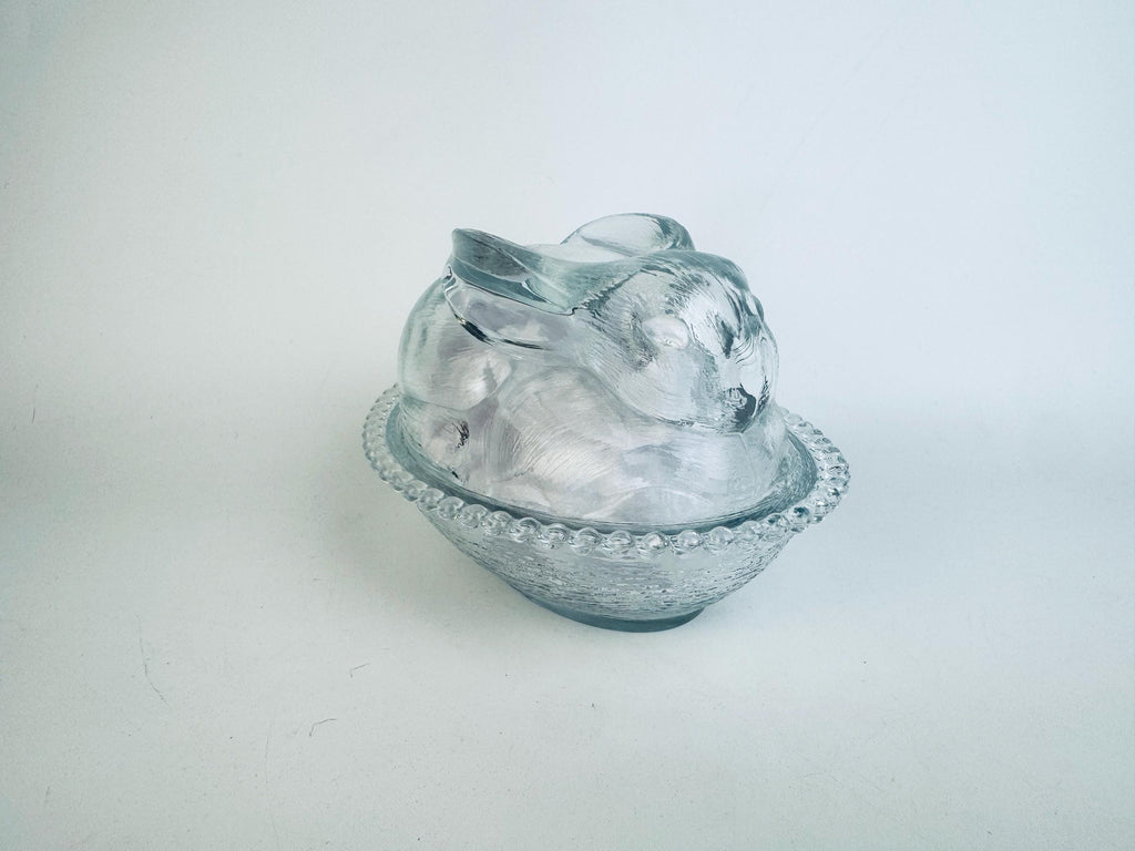 Vintage Clear Glass Bunny Rabbit on Nest Covered Dish  Farmhouse Tabletop Accent