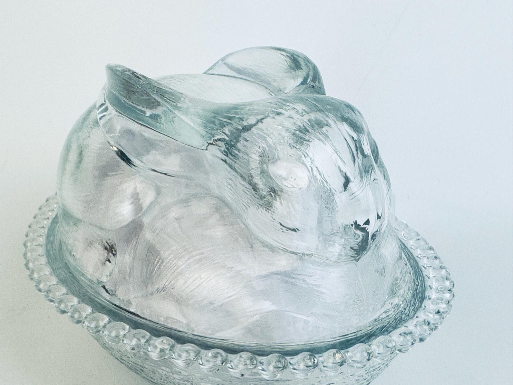 Vintage Clear Glass Bunny Rabbit on Nest Covered Dish  Farmhouse Tabletop Accent
