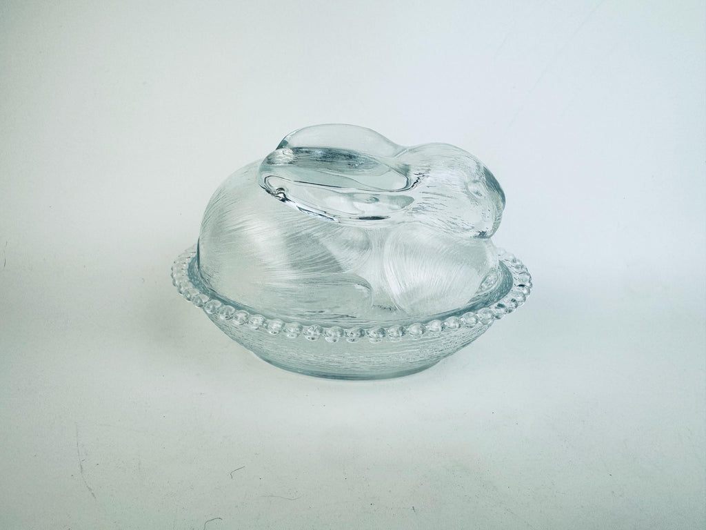 Vintage Clear Glass Bunny Rabbit on Nest Covered Dish  Farmhouse Tabletop Accent