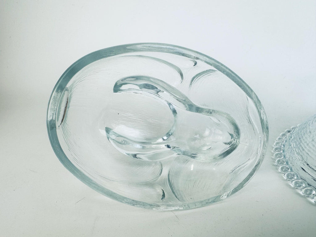Vintage Clear Glass Bunny Rabbit on Nest Covered Dish  Farmhouse Tabletop Accent