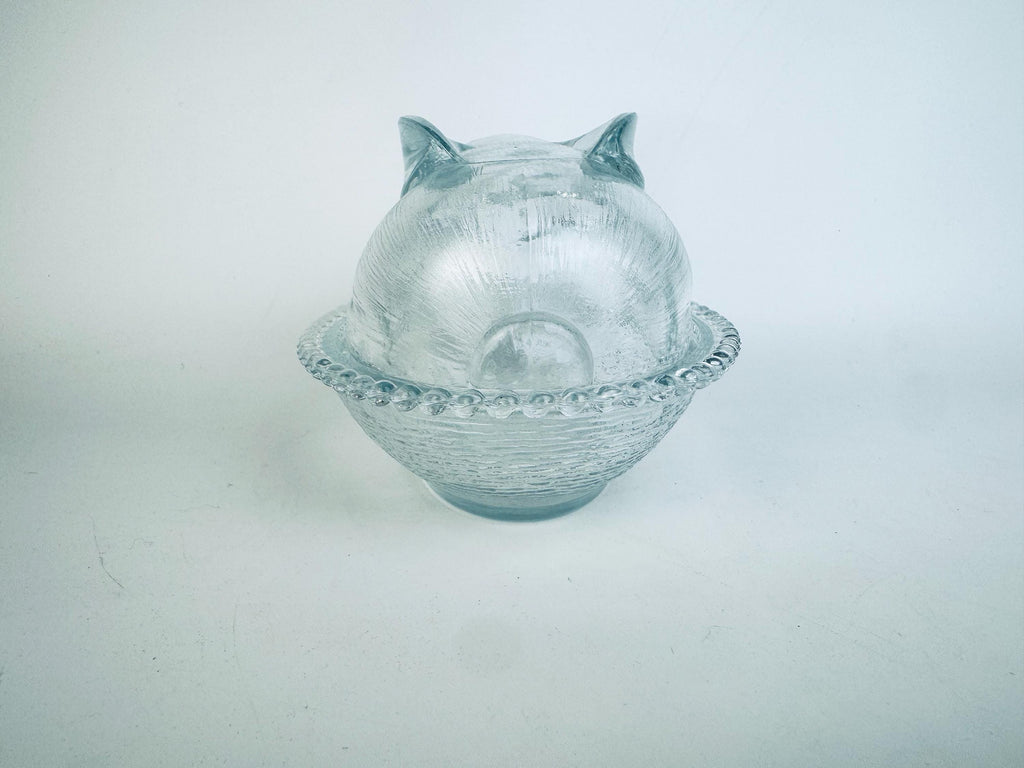 Vintage Clear Glass Bunny Rabbit on Nest Covered Dish  Farmhouse Tabletop Accent