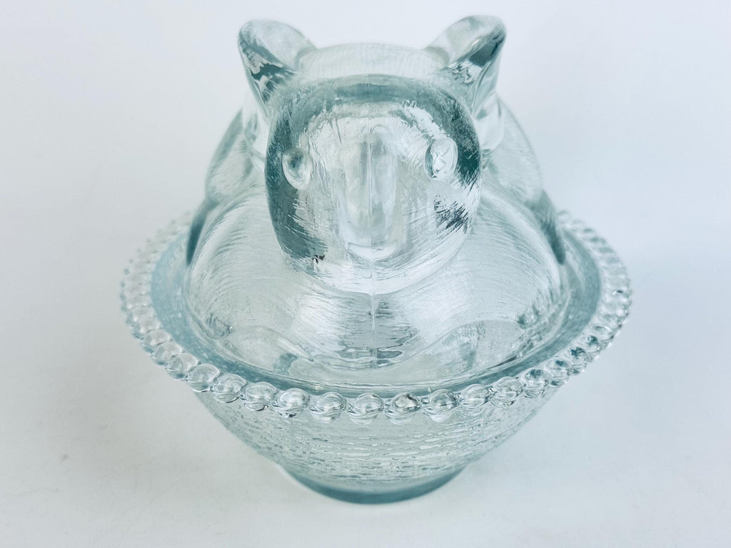 Vintage Clear Glass Bunny Rabbit on Nest Covered Dish  Farmhouse Tabletop Accent