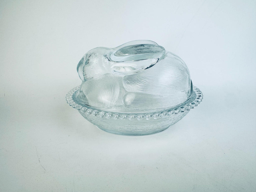Vintage Clear Glass Bunny Rabbit on Nest Covered Dish  Farmhouse Tabletop Accent