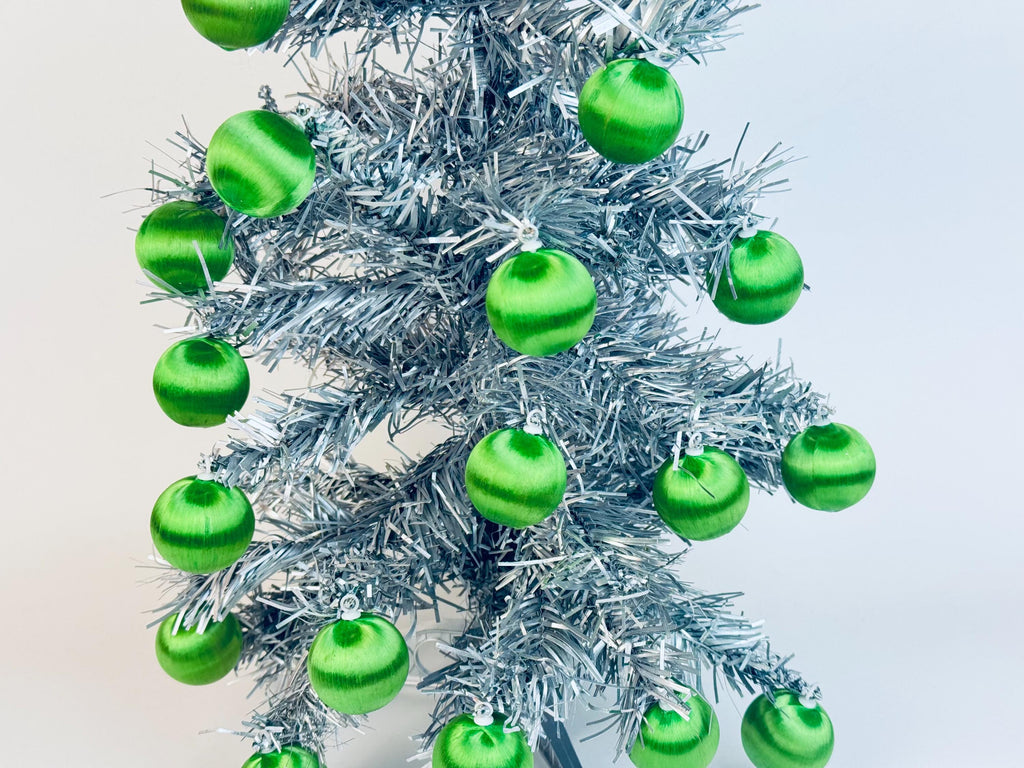 Vintage Spun 'Silky' Green Apple Satin String Small Christmas Tree Ornaments - Set of 23