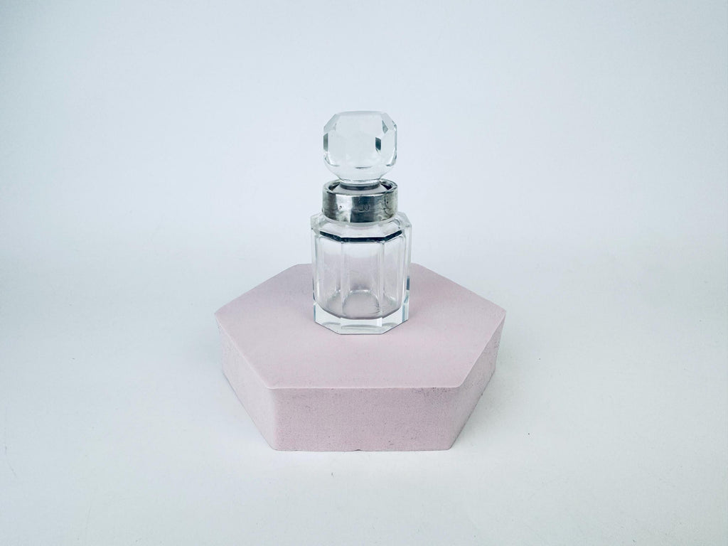 Antique Victorian 1900s Clear Cut Glass & Sterling Silver Collar Perfume Bottle - Vanity Decor