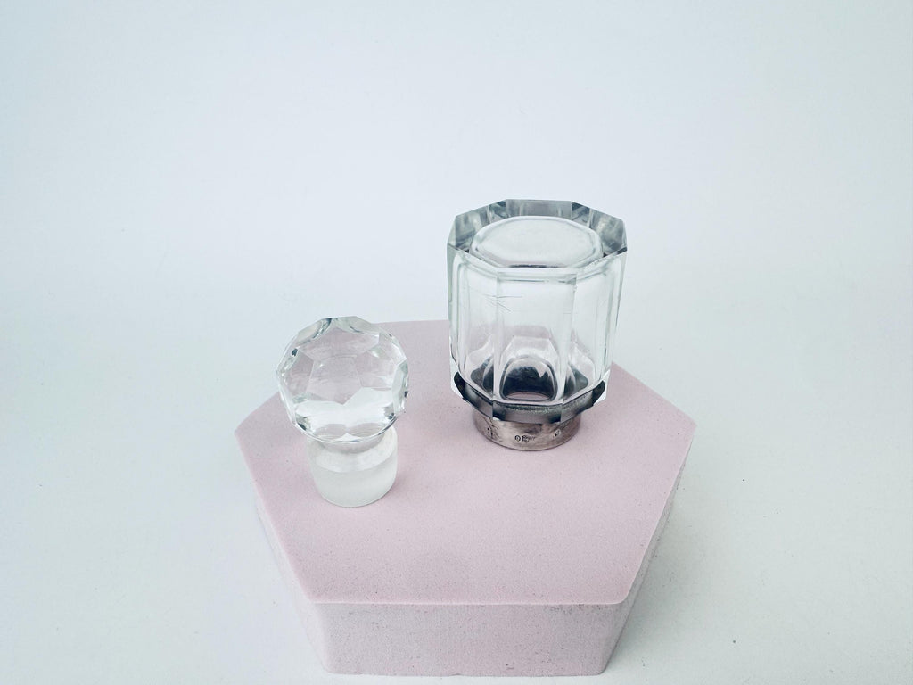 Antique Victorian 1900s Clear Cut Glass & Sterling Silver Collar Perfume Bottle - Vanity Decor