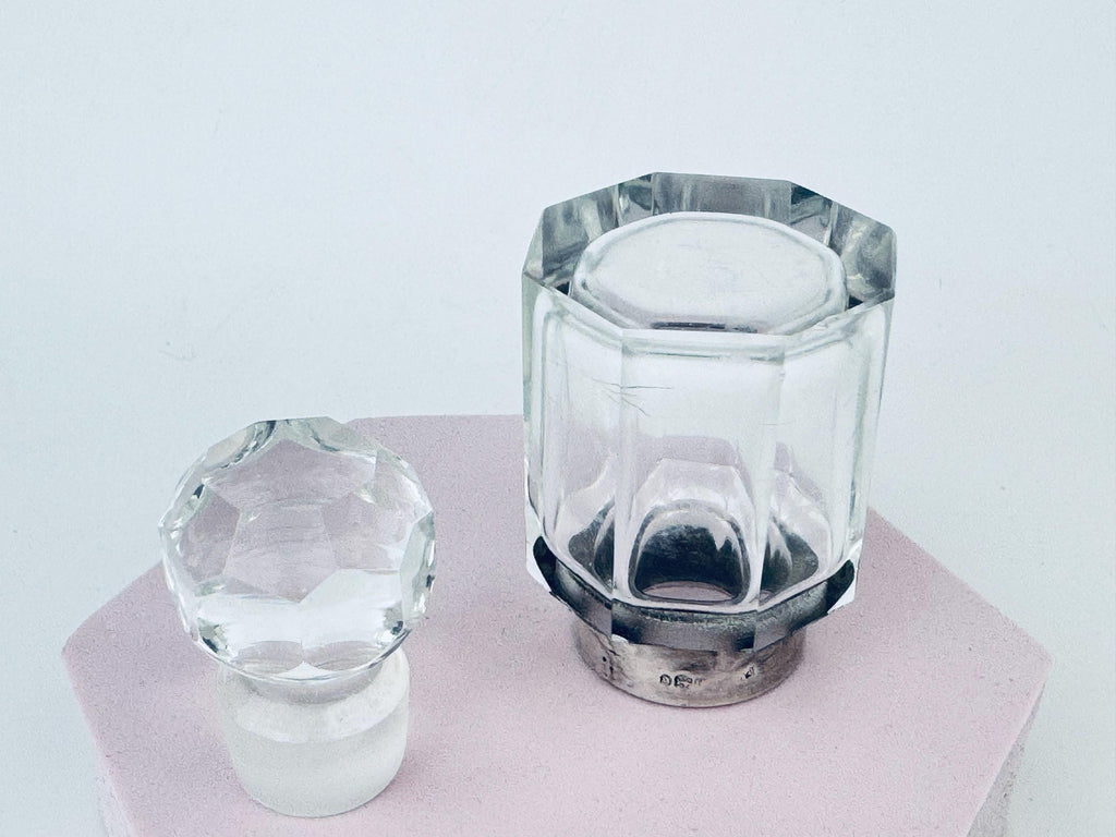 Antique Victorian 1900s Clear Cut Glass & Sterling Silver Collar Perfume Bottle - Vanity Decor