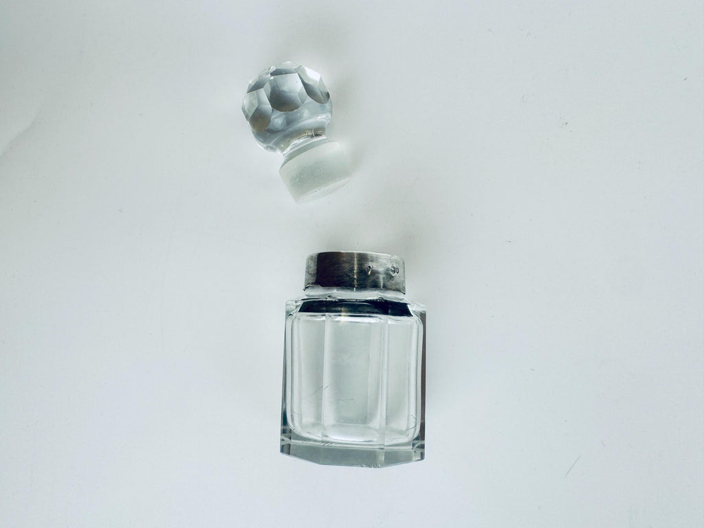 Antique Victorian 1900s Clear Cut Glass & Sterling Silver Collar Perfume Bottle - Vanity Decor