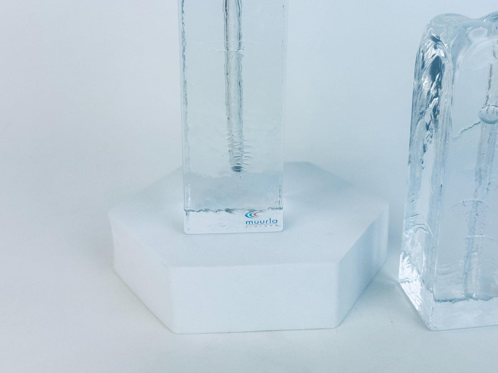 Vintage 1970s Clear Ice Glass Muurla Finland Sculptural Home Accent Extra Thin Candlestick Holders