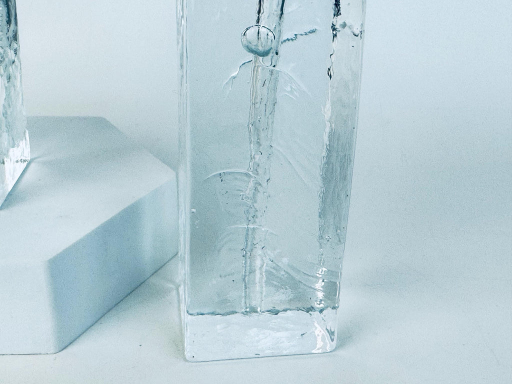 Vintage 1970s Clear Ice Glass Muurla Finland Sculptural Home Accent Extra Thin Candlestick Holders