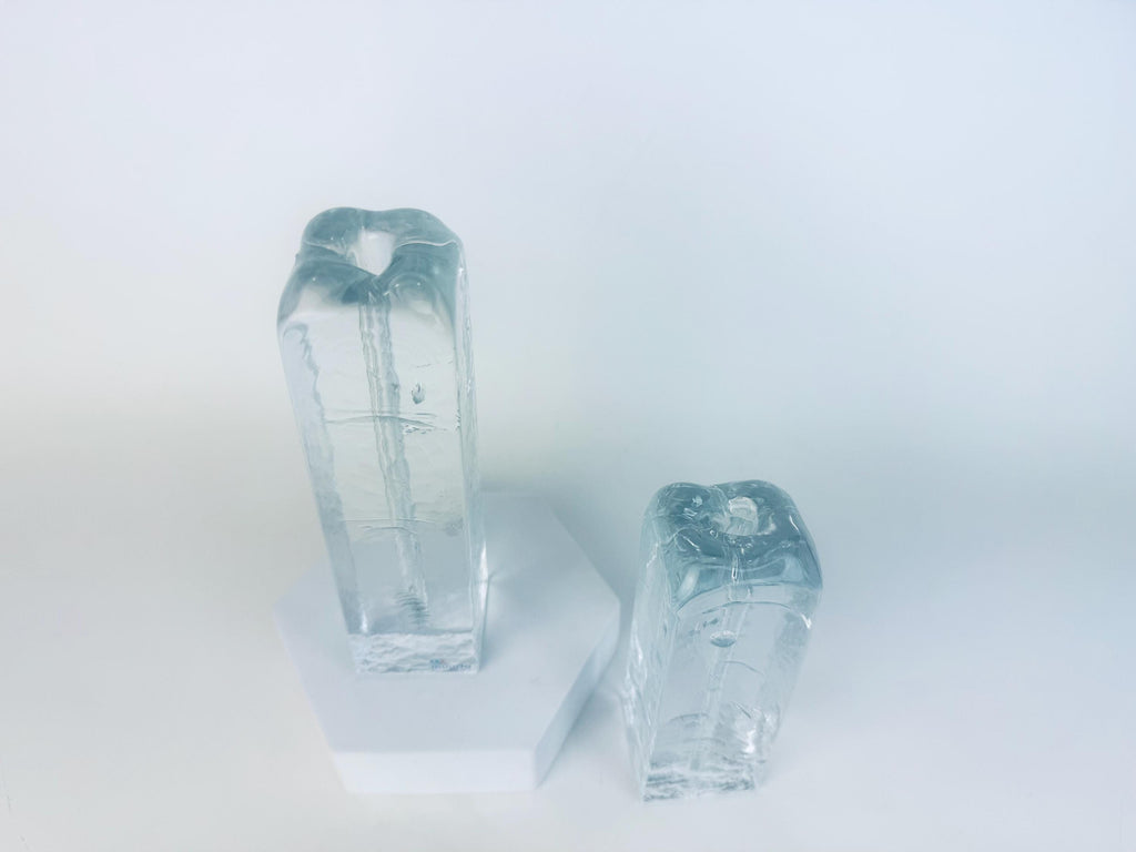 Vintage 1970s Clear Ice Glass Muurla Finland Sculptural Home Accent Extra Thin Candlestick Holders