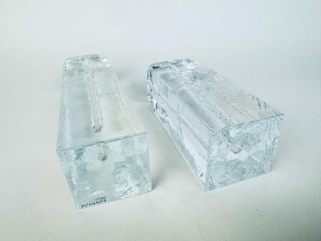 Vintage 1970s Clear Ice Glass Muurla Finland Sculptural Home Accent Extra Thin Candlestick Holders