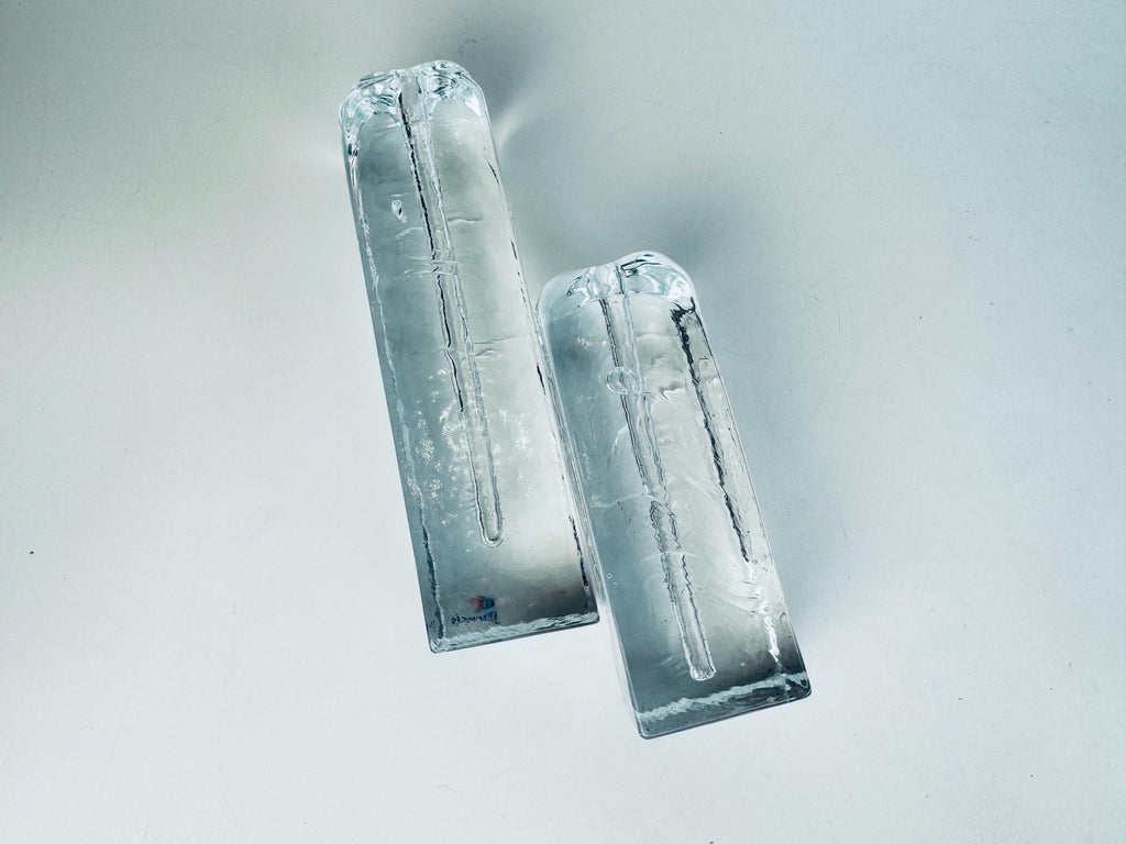 Vintage 1970s Clear Ice Glass Muurla Finland Sculptural Home Accent Extra Thin Candlestick Holders