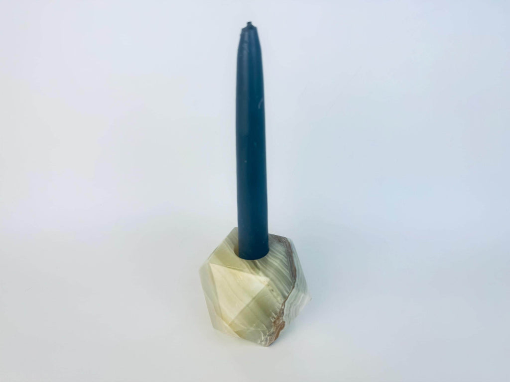 Vintage 1970s Grey Onyx Italian Stone Geometric Taper Candle Holder