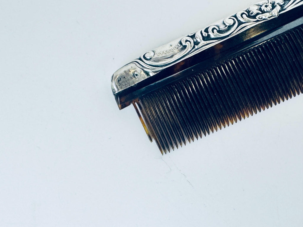 Antique 1920s Art Deco Sterling Silver Faux-Tortoiseshell Comb - Vanity Accessory