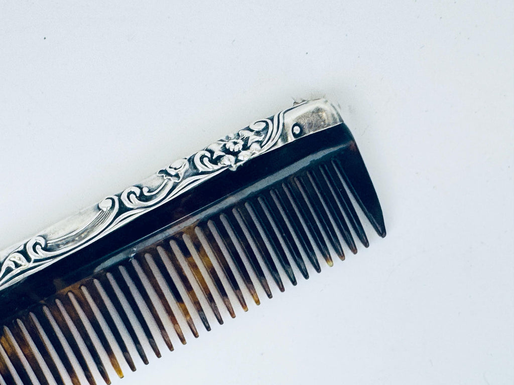 Antique 1920s Art Deco Sterling Silver Faux-Tortoiseshell Comb - Vanity Accessory