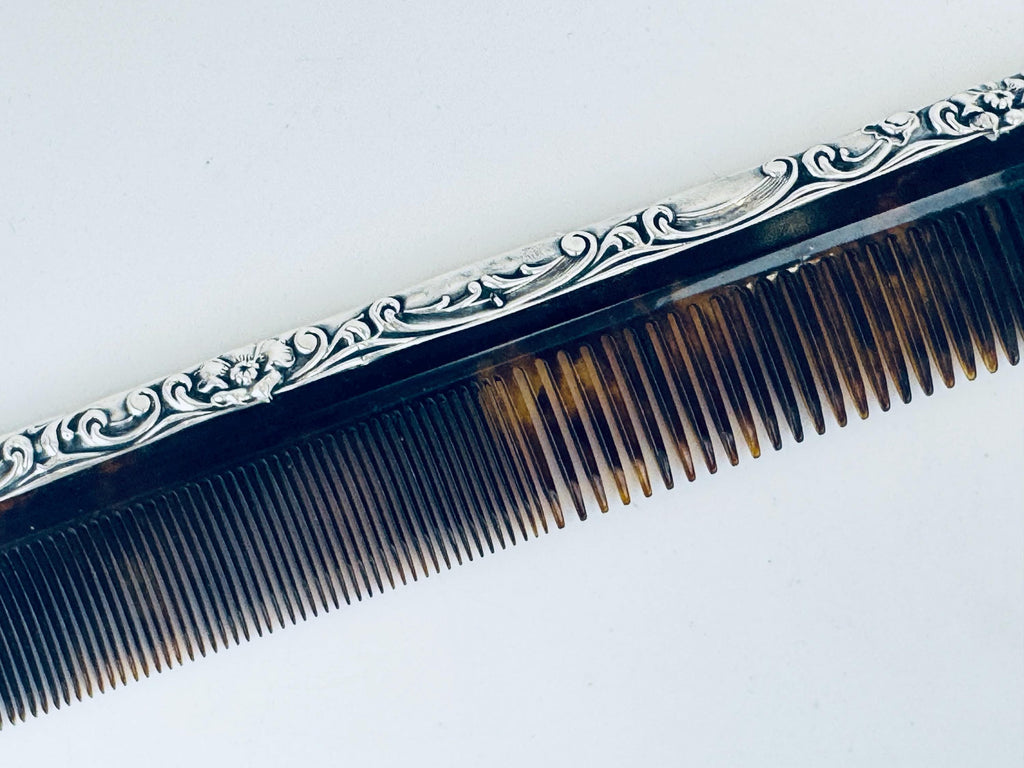 Antique 1920s Art Deco Sterling Silver Faux-Tortoiseshell Comb - Vanity Accessory