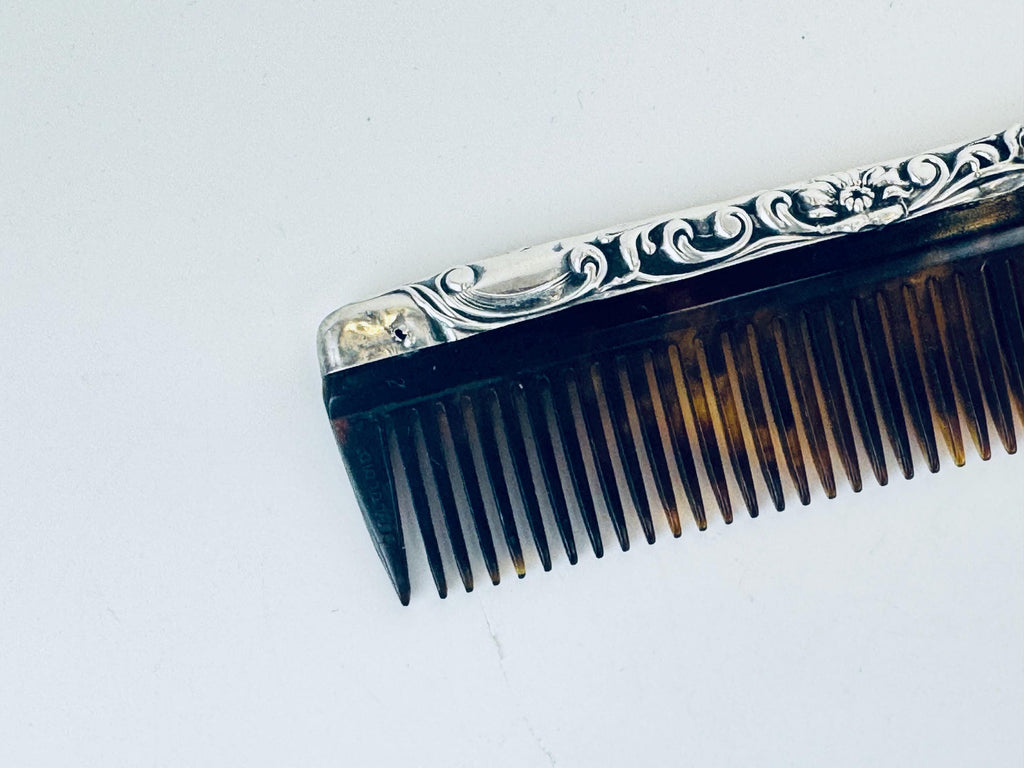 Antique 1920s Art Deco Sterling Silver Faux-Tortoiseshell Comb - Vanity Accessory