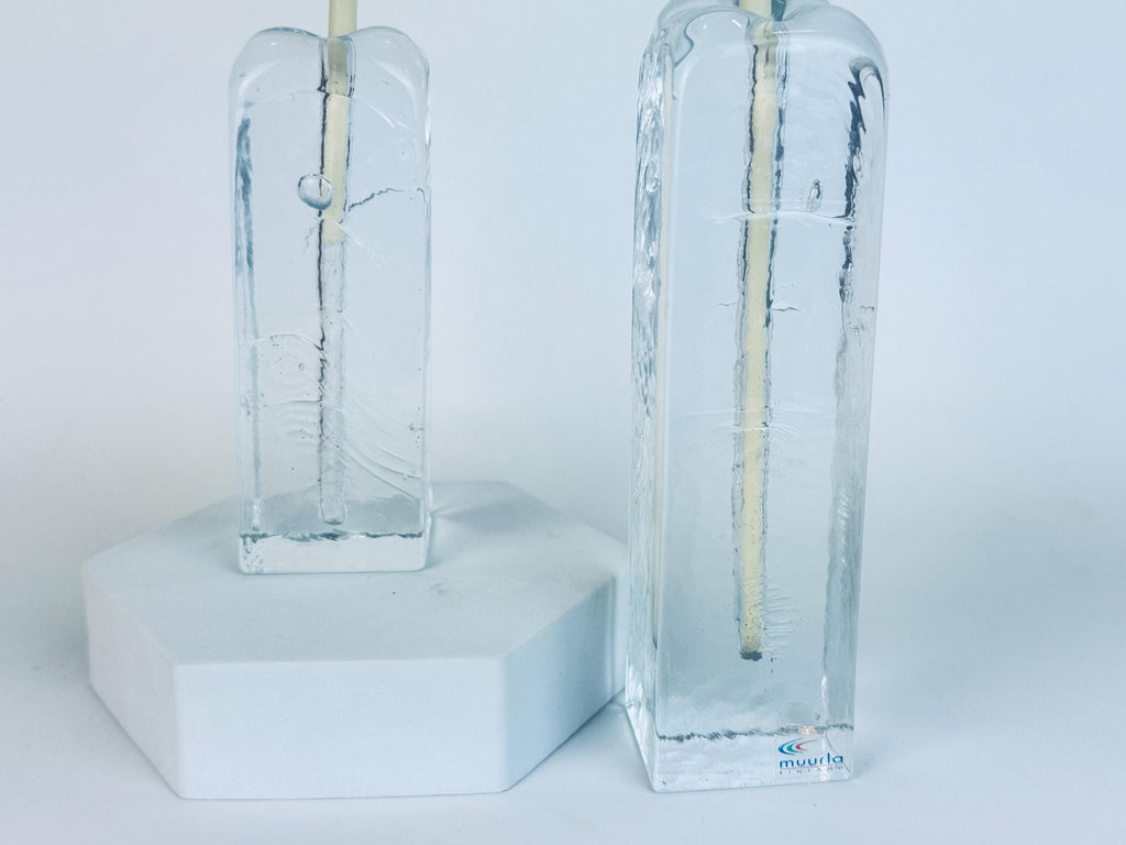 Vintage 1970s Clear Ice Glass Muurla Finland Sculptural Home Accent Extra Thin Candlestick Holders