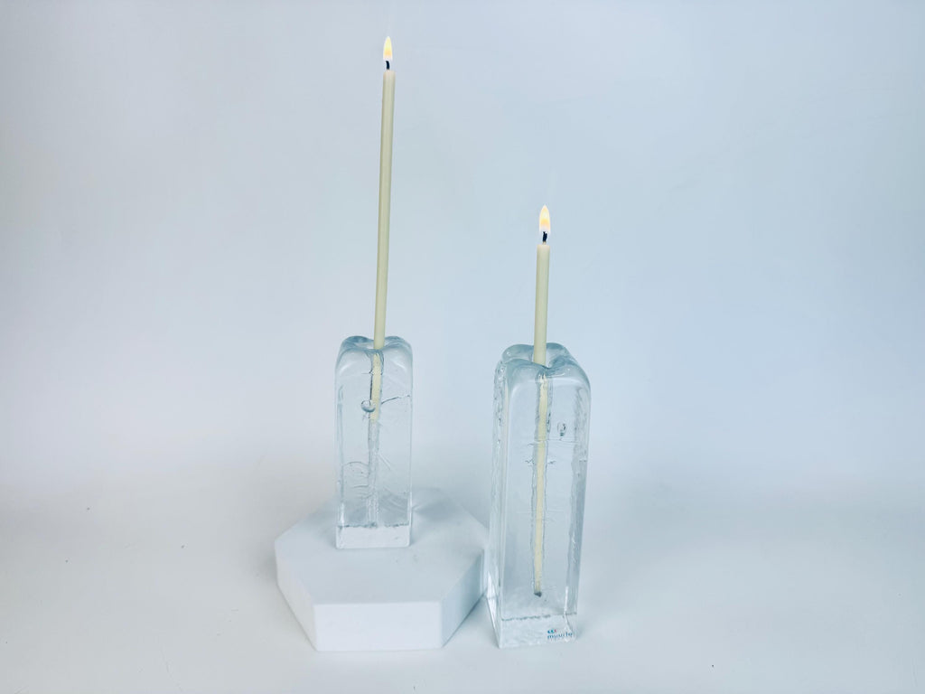 Vintage 1970s Clear Ice Glass Muurla Finland Sculptural Home Accent Extra Thin Candlestick Holders