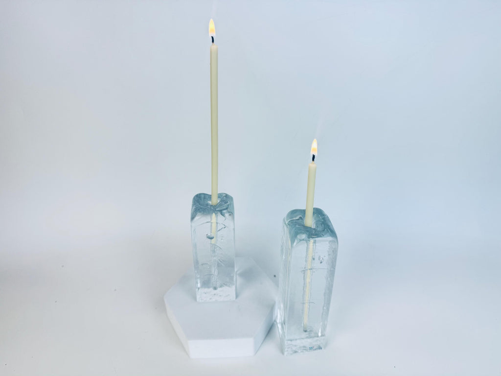 Vintage 1970s Clear Ice Glass Muurla Finland Sculptural Home Accent Extra Thin Candlestick Holders