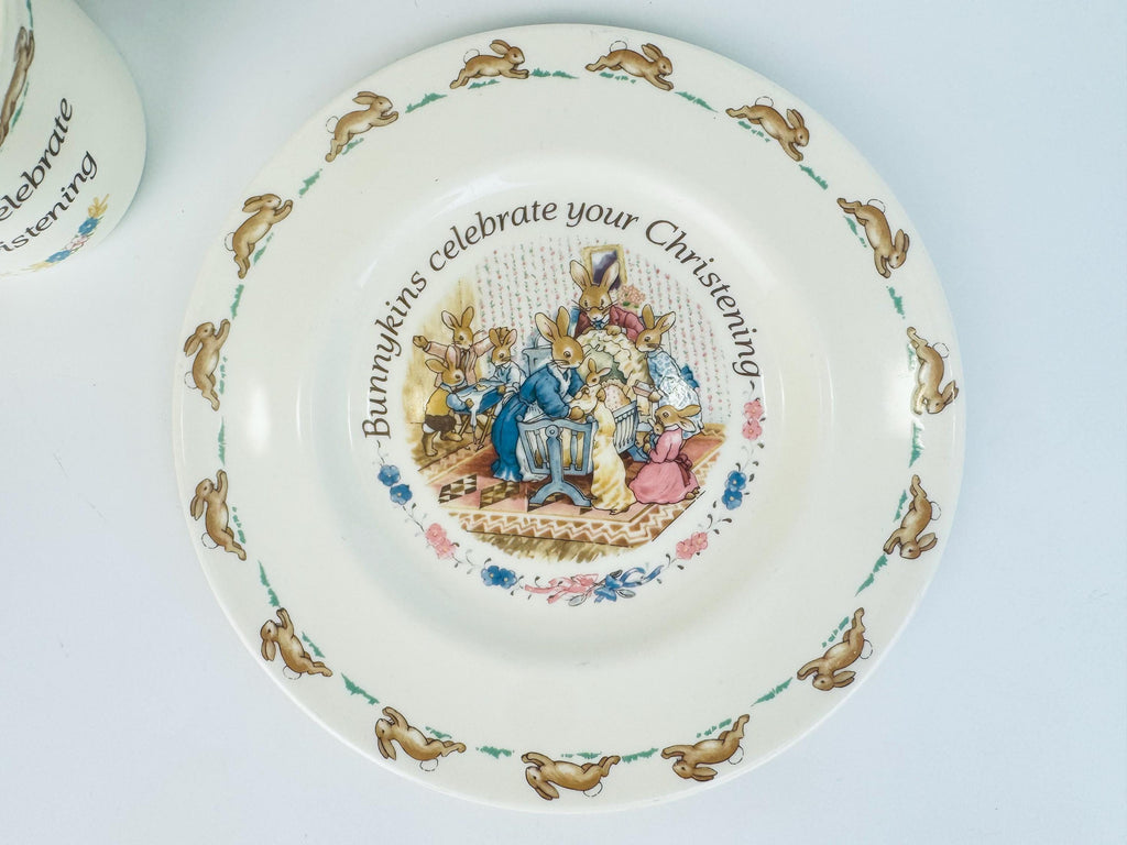 Vintage 1990s Cream Bunny Design Bone China Christening Dinnerware Set
