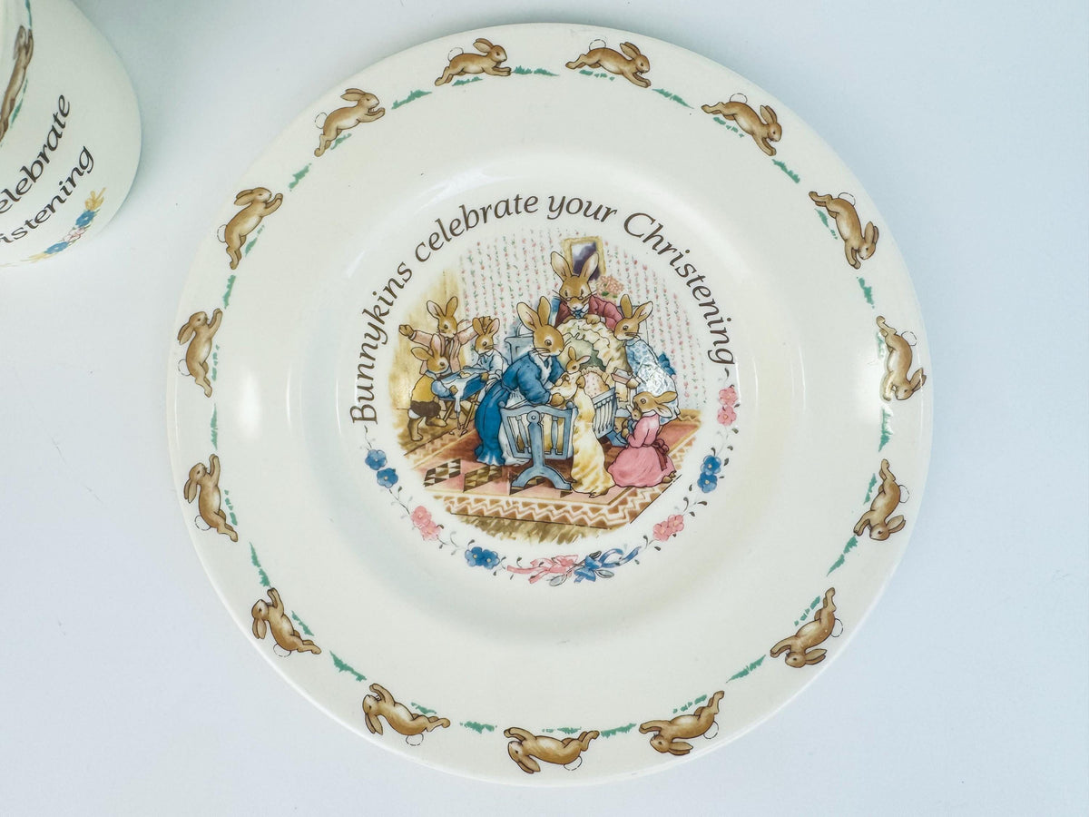 Vintage 1990s Cream Bunny Design Bone China Christening Dinnerware Set