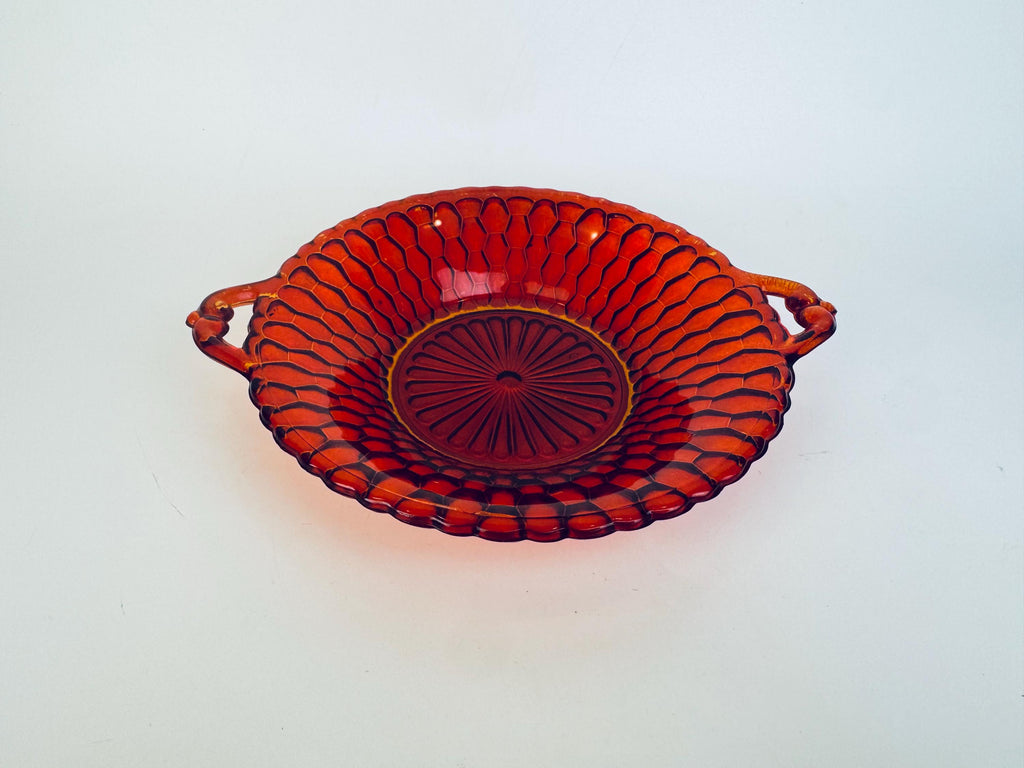 Vintage Amberina Honeycomb Pressed Glass Serving Bowl with Handles  Fenton Glass Company