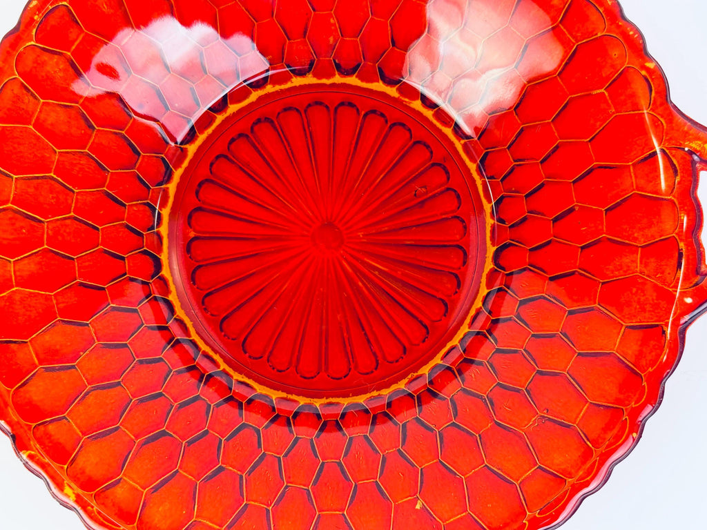 Vintage Amberina Honeycomb Pressed Glass Serving Bowl with Handles  Fenton Glass Company