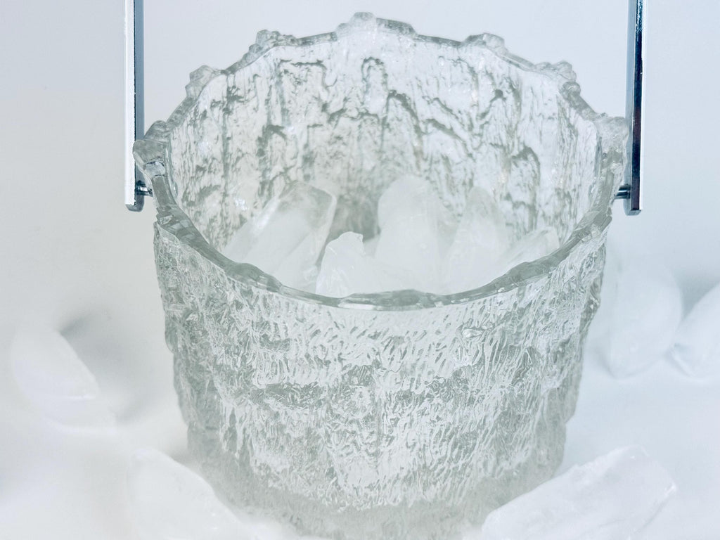 Vintage 1970s Clear Textured Ice Glass Pukeberg Sweden Ice Bucket - Chrome Handle Barware