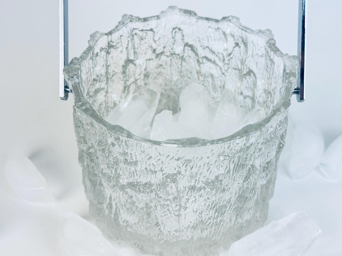 Vintage 1970s Clear Textured Ice Glass Pukeberg Sweden Ice Bucket - Chrome Handle Barware