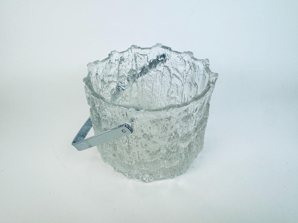 Vintage 1970s Clear Textured Ice Glass Pukeberg Sweden Ice Bucket - Chrome Handle Barware