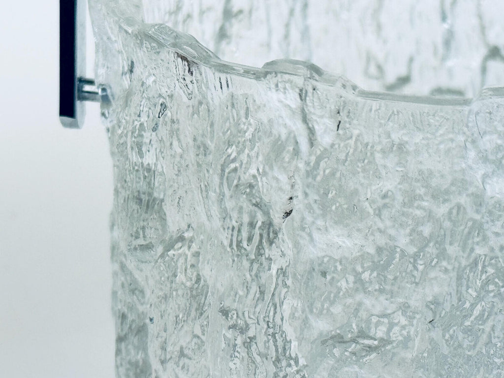 Vintage 1970s Clear Textured Ice Glass Pukeberg Sweden Ice Bucket - Chrome Handle Barware