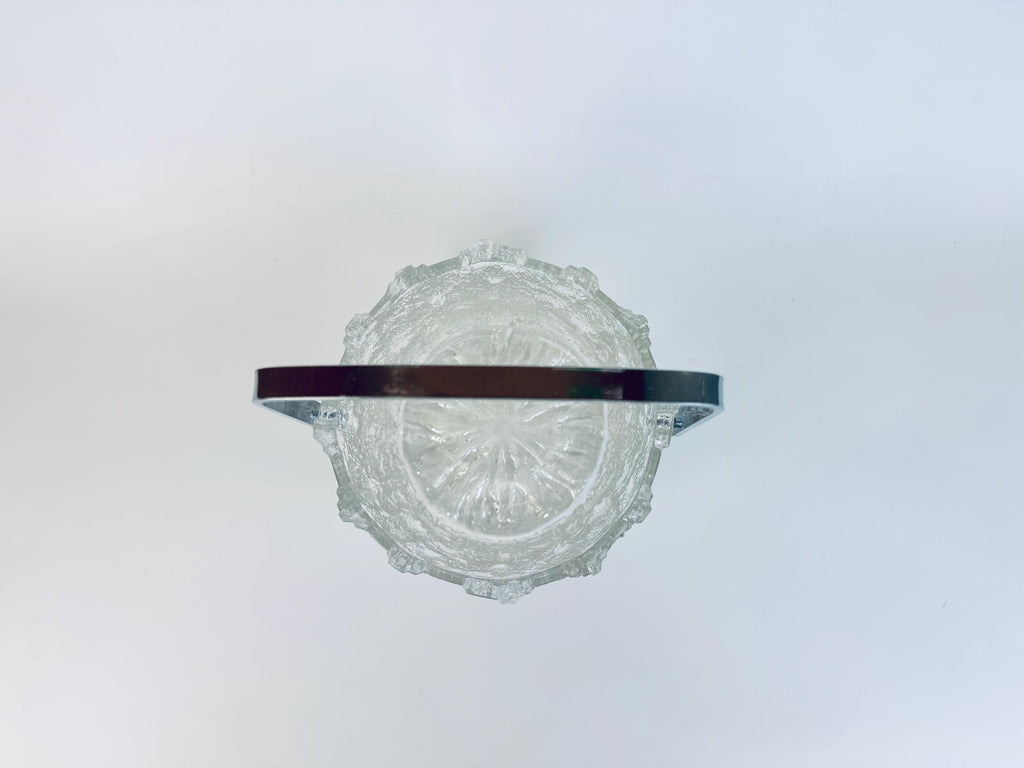 Vintage 1970s Clear Textured Ice Glass Pukeberg Sweden Ice Bucket - Chrome Handle Barware