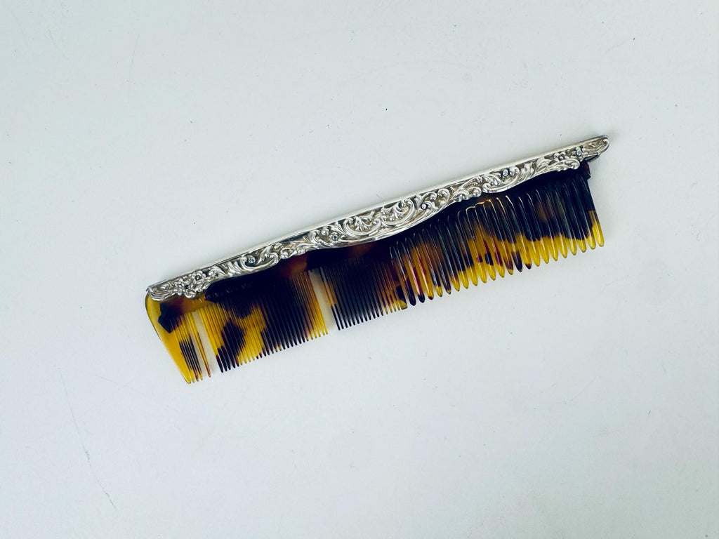 Antique 1910s Art Deco Sterling Silver Faux-Tortoiseshell Comb - Vanity Accessory