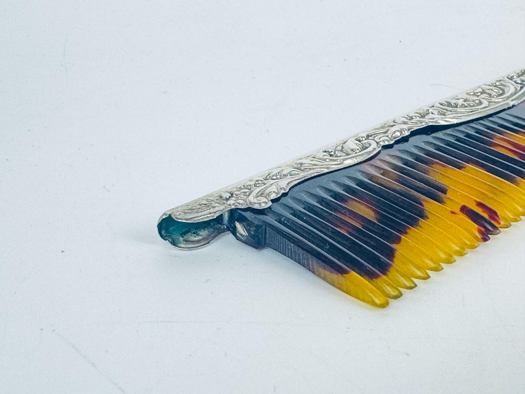 Antique 1910s Art Deco Sterling Silver Faux-Tortoiseshell Comb - Vanity Accessory